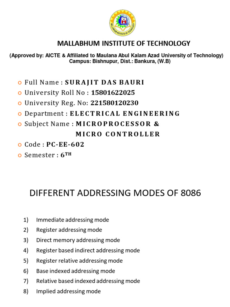 Surajit Das Bauri Roll 15801622025 Ee Sem Vi Sub Microprocessor ...