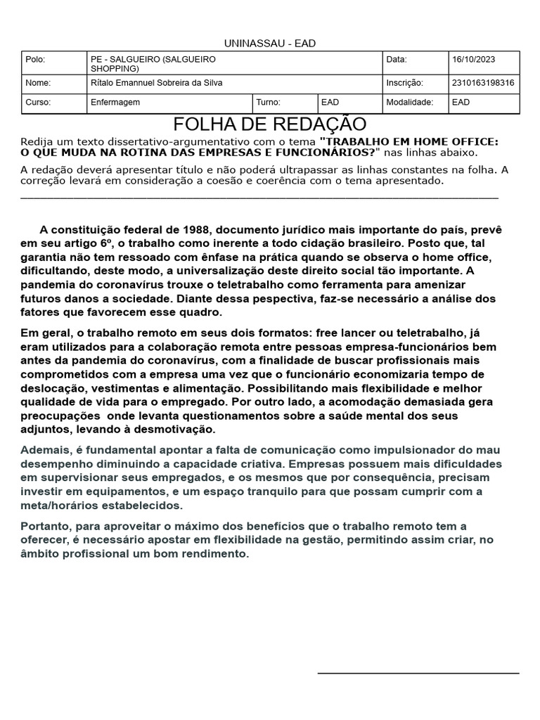 Trabalho em Home Office, Redação Nassau | PDF
