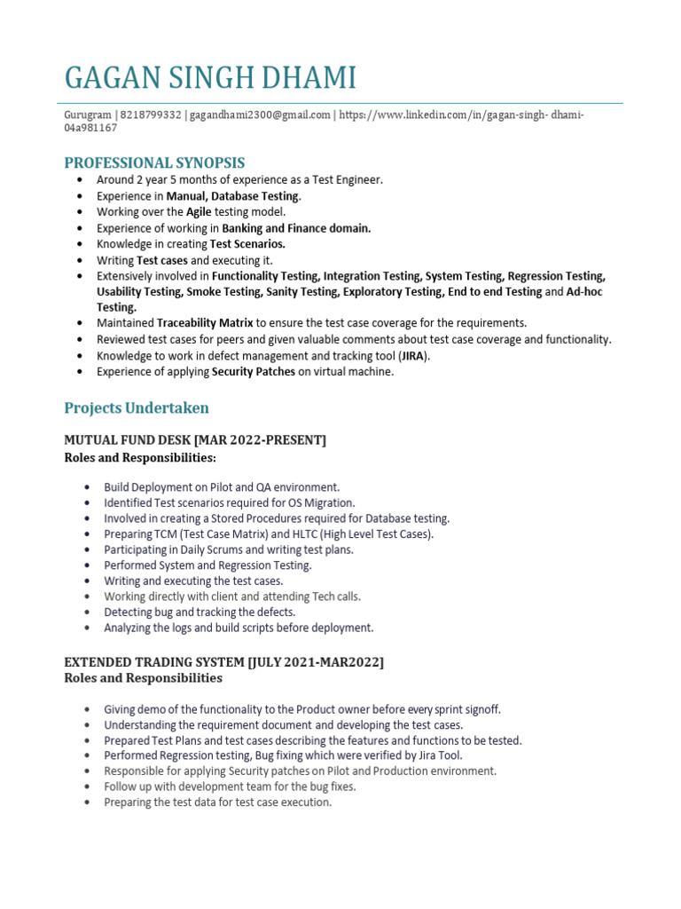 Gagan Singh Dhami: Test Engineer Profile | PDF | Databases | Software ...
