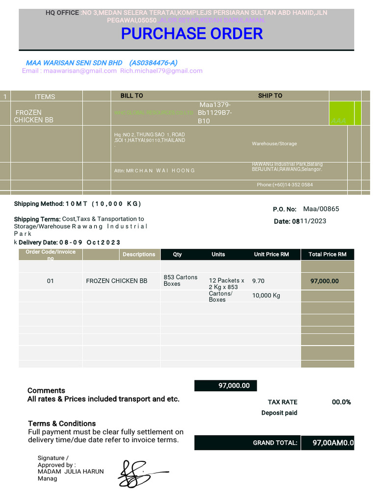 Purchase Order for Frozen Chicken | PDF | Payments | Business Economics