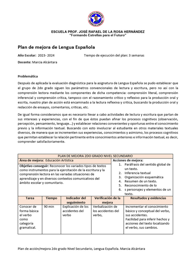 Plan de Mejora Lengua Española | Descargar gratis PDF | Comprensión ...