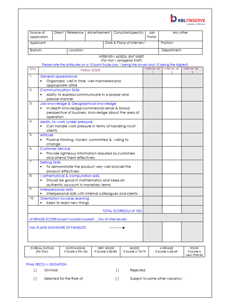 Interview Assessment Sheet - RBLFS | PDF | Career & Growth