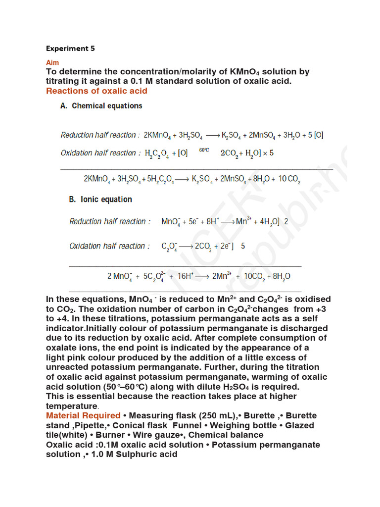 Experiment 10 Titration of Oxalic acid with KMnO4 PDF