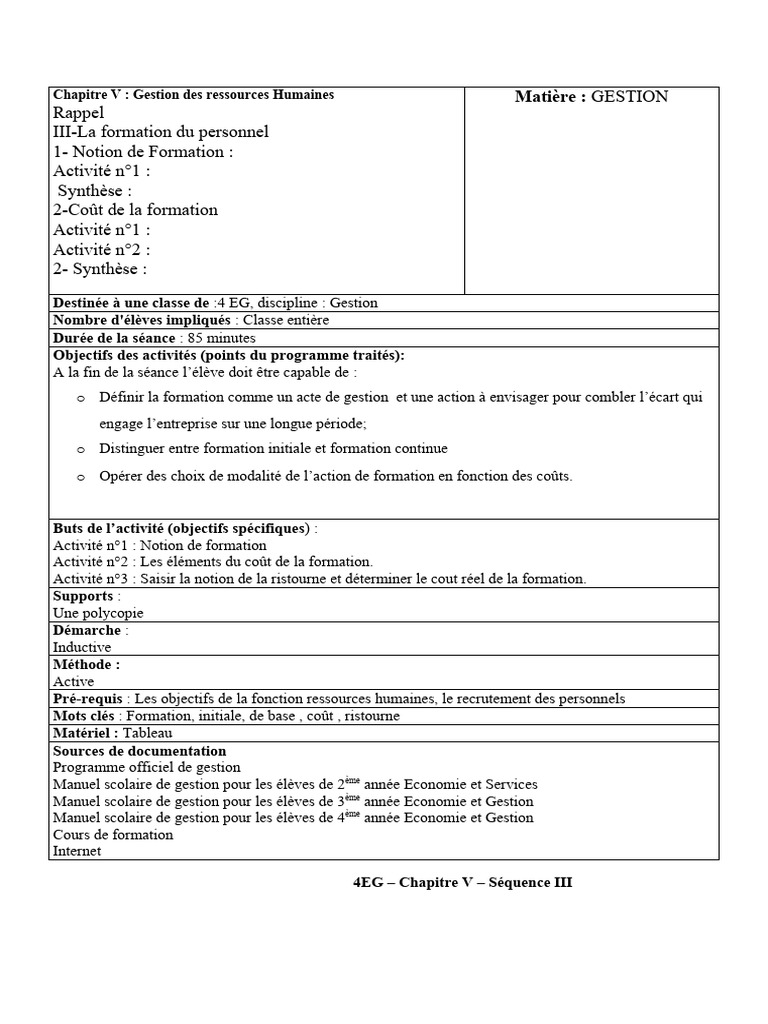 Fiche Seance 1 Sequence 3 Chapitre Gestion Des Ressources Humaines ...