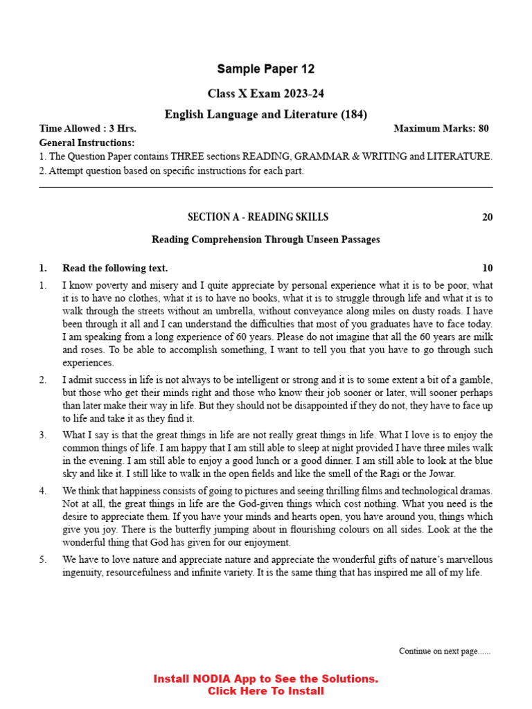 CBSE Class X English Sample Paper 2023 | PDF | Career & Growth | Social ...