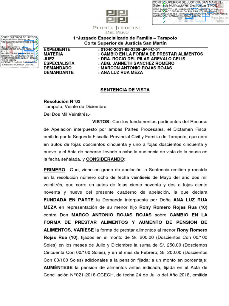 Sentencia de ALIMENTOS Rua Sala | Descargar gratis PDF | Pensión