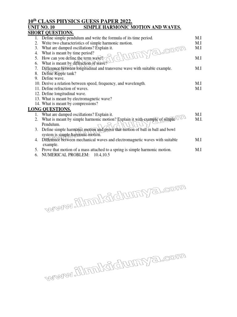 10th Class Physics Guess Paper 2022 | PDF | Science & Mathematics