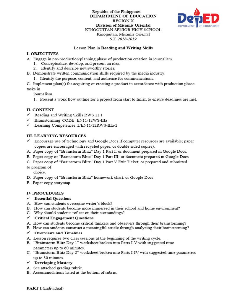 Reading and Writing Lesson Plan PDF Brainstorming Lesson Plan