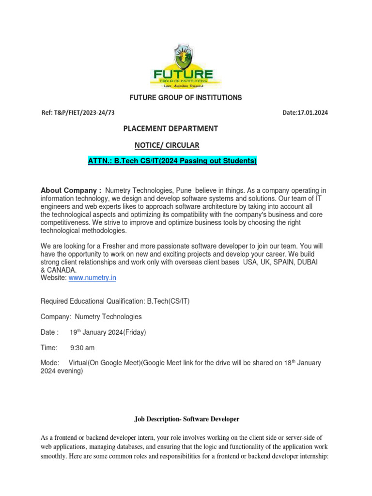 Numetry Technologies Internship Notice | PDF | Databases | Computer ...