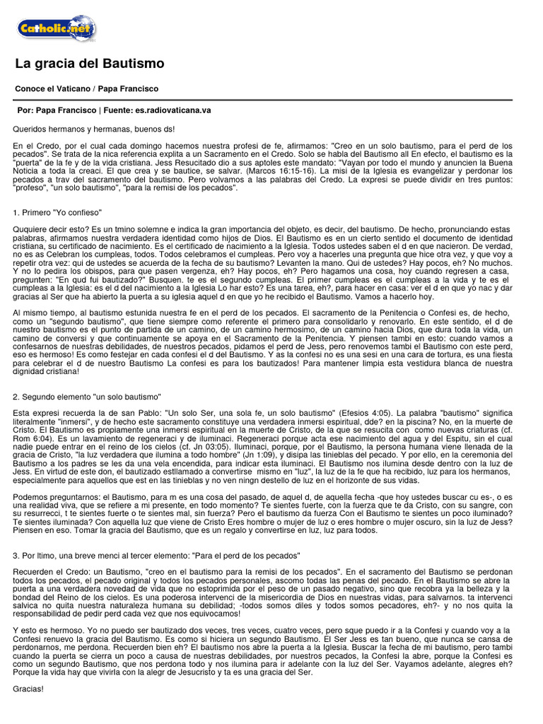 La Gracia y Significado del Bautismo | PDF