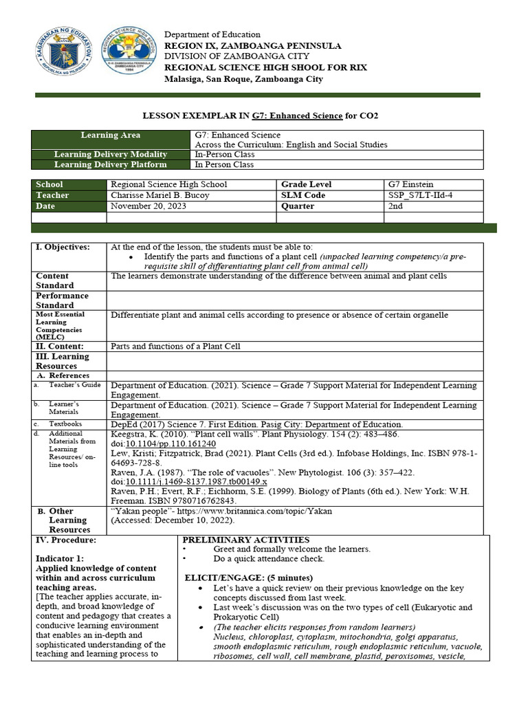 Lesson Exemplar Grade7.PLANTCELL.co | PDF | Cell (Biology
