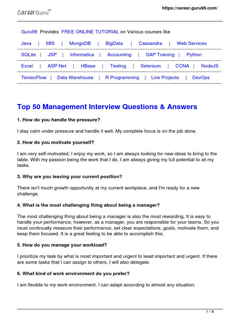 Top 50 Management Interview Questions | PDF