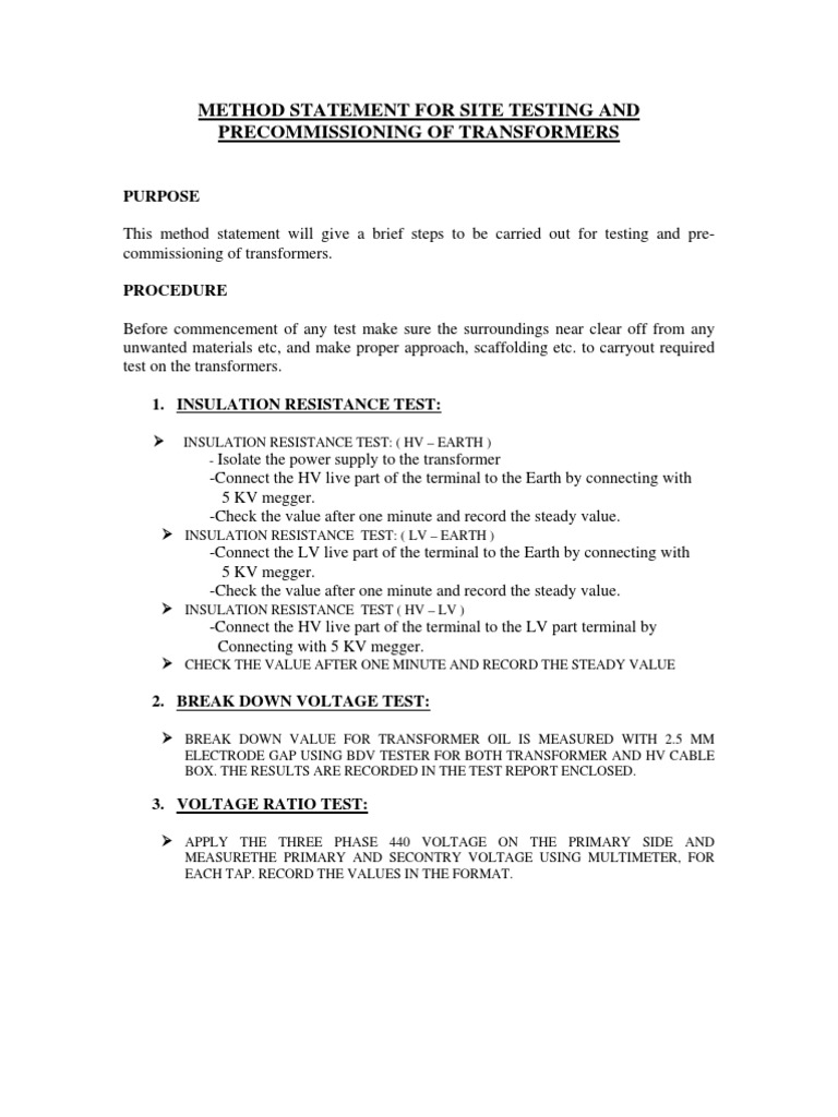Method Statement For Site Testing and Precommissioning of Transformers ...