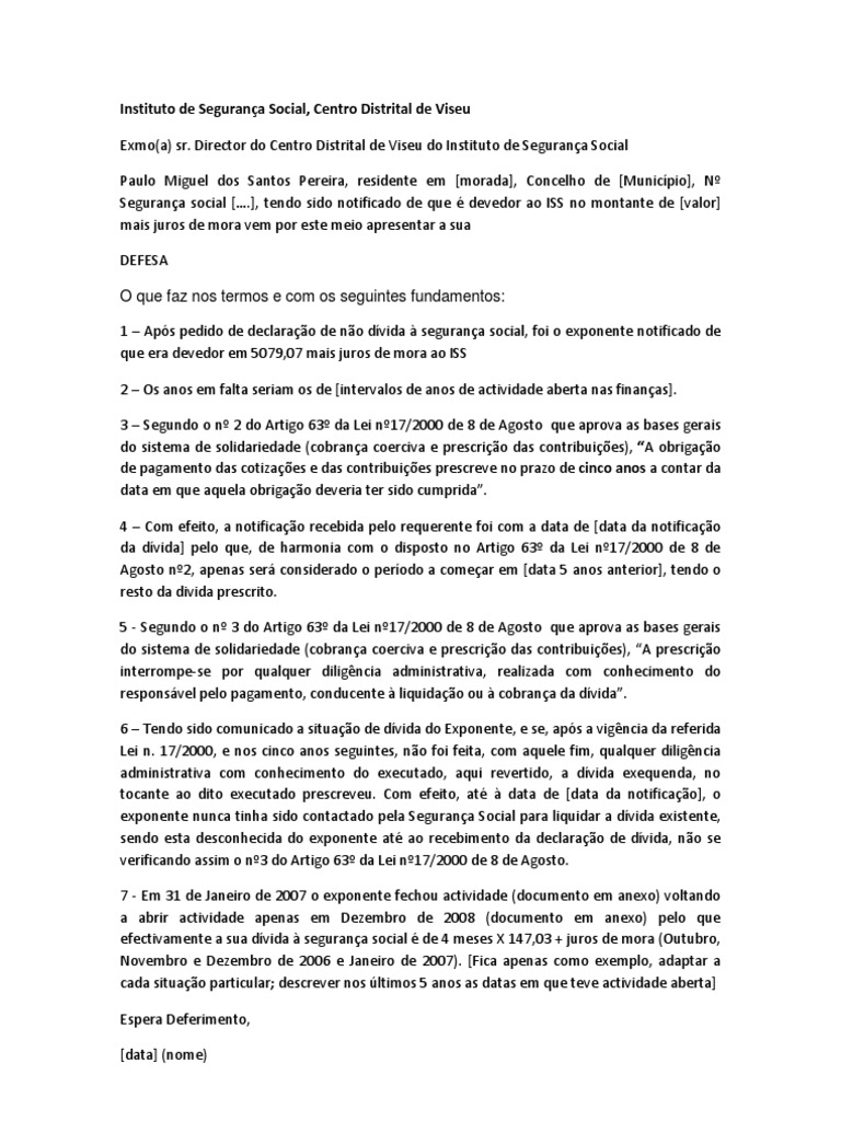 Carta a pedir prescrição da dívida à Segurança Social