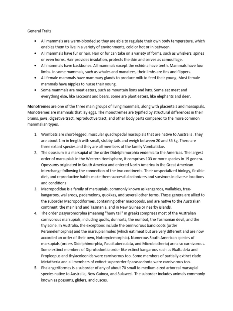 Overview of Mammal Characteristics | PDF | Mammals | Marsupials