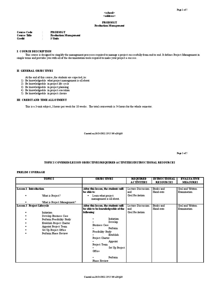 Production Management Syllabus Sample PDF Feasibility Study