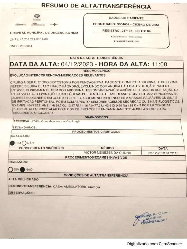 Resumo Alta Hospitalar Internação Cícero de Lima | PDF