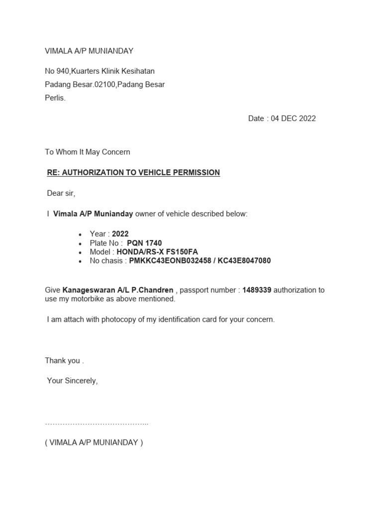 Vehicle Permission Authorization Letter | PDF