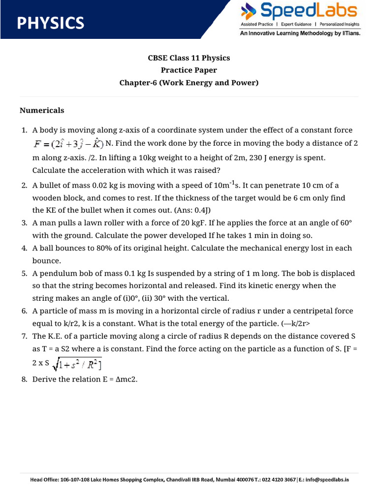 Class 11 Work, Energy, and Power Questions | PDF