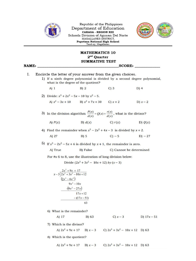 Math 10 2nd Quarter Summative Test | PDF