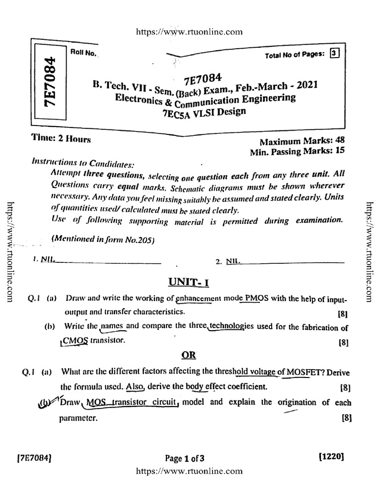 Btech Ec 7 Sem Vlsi Design 7e7084 Mar 2021 | PDF