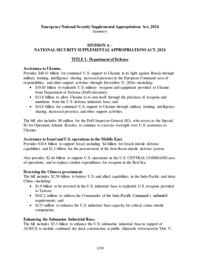 Summary of The Emergency National Security Supplemental Appropriations