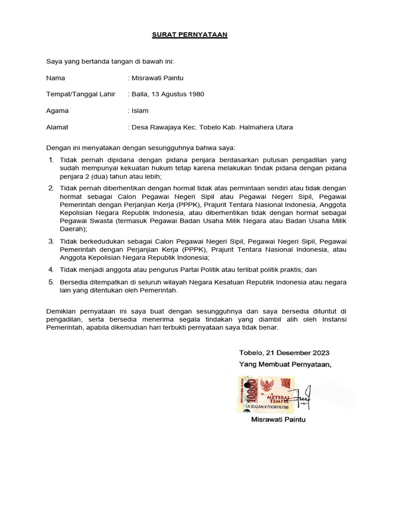 Format Surat Pernyataan PPPK | PDF