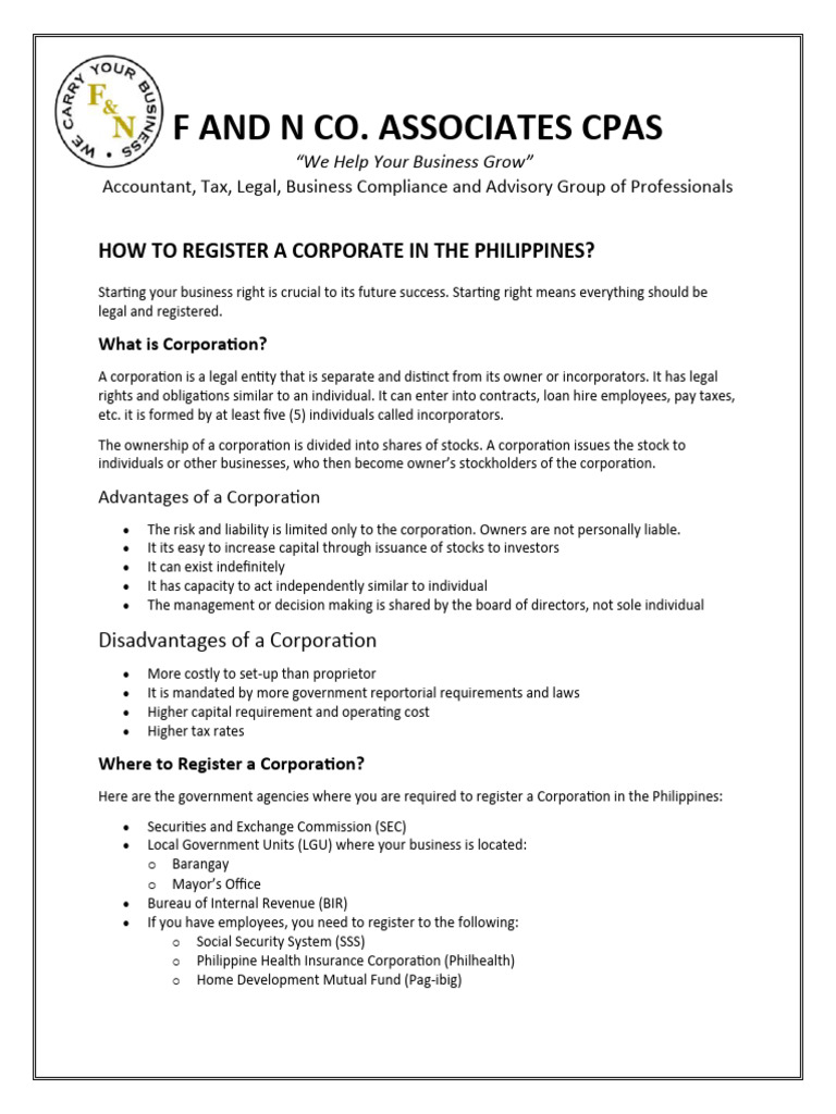 Registering a Corporation in the Philippines | PDF | Corporations | Taxes