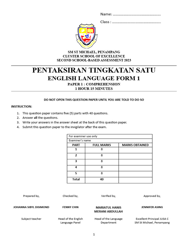Paper 1 English Form 1 Exam 2 2023 PDF Friendship Experience