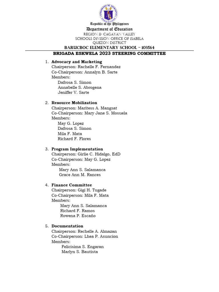 Brigada Eskwela 2023 Committees Overview | PDF | Wellness