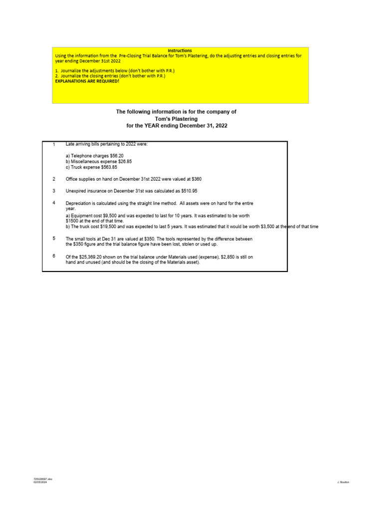 Toms plastering excel adjusting closing post close trial balance answer