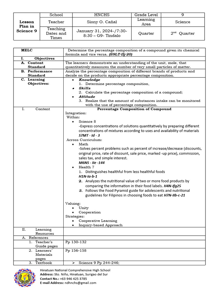 Science 9 Lesson Plan: Percentage Composition | PDF | Fertilizer ...