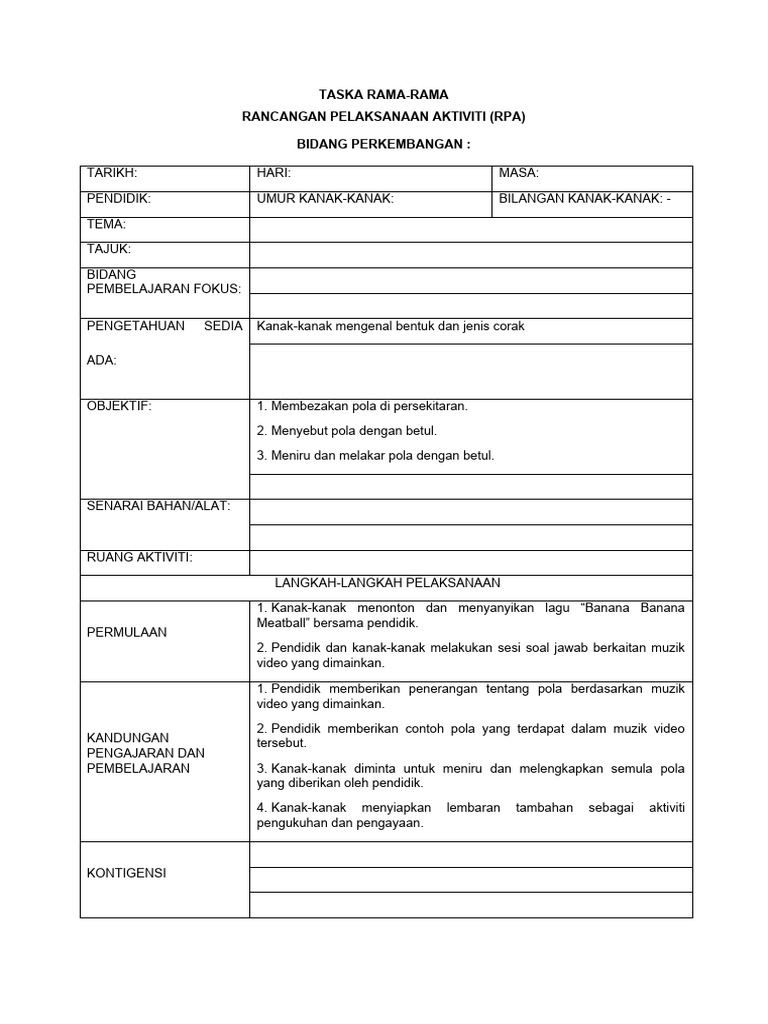 Taska - FORMAT RPA KOSONG | PDF | Seni & Disiplin Bahasa | Kajian ...