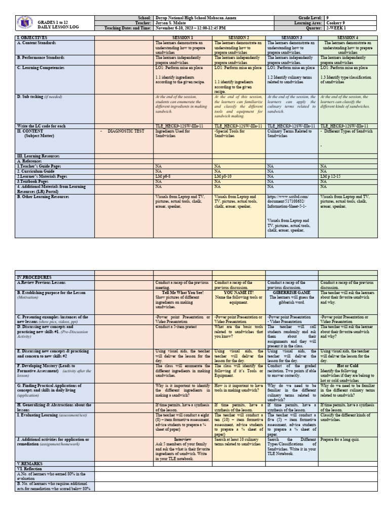 Daily Lesson Log for Cookery 9 | PDF | Learning | Educational Assessment