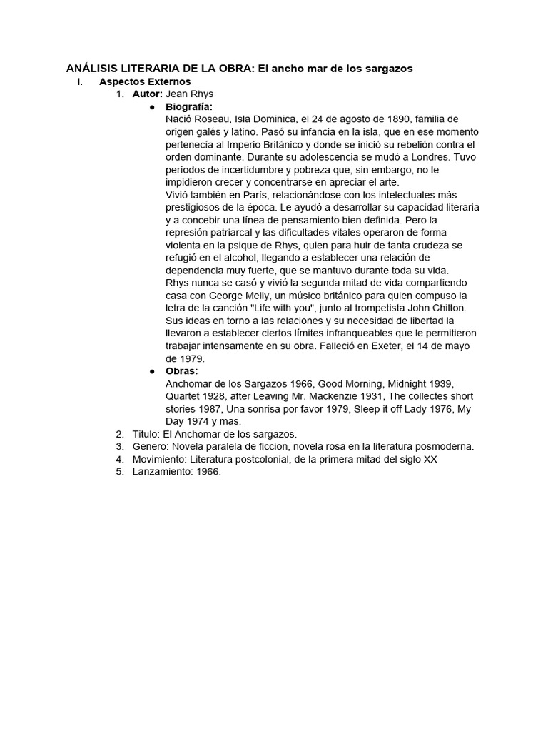 ANÁLISIS LITERARIA DE LA OBRA El Ancho Mar de Los Sargazos PDF