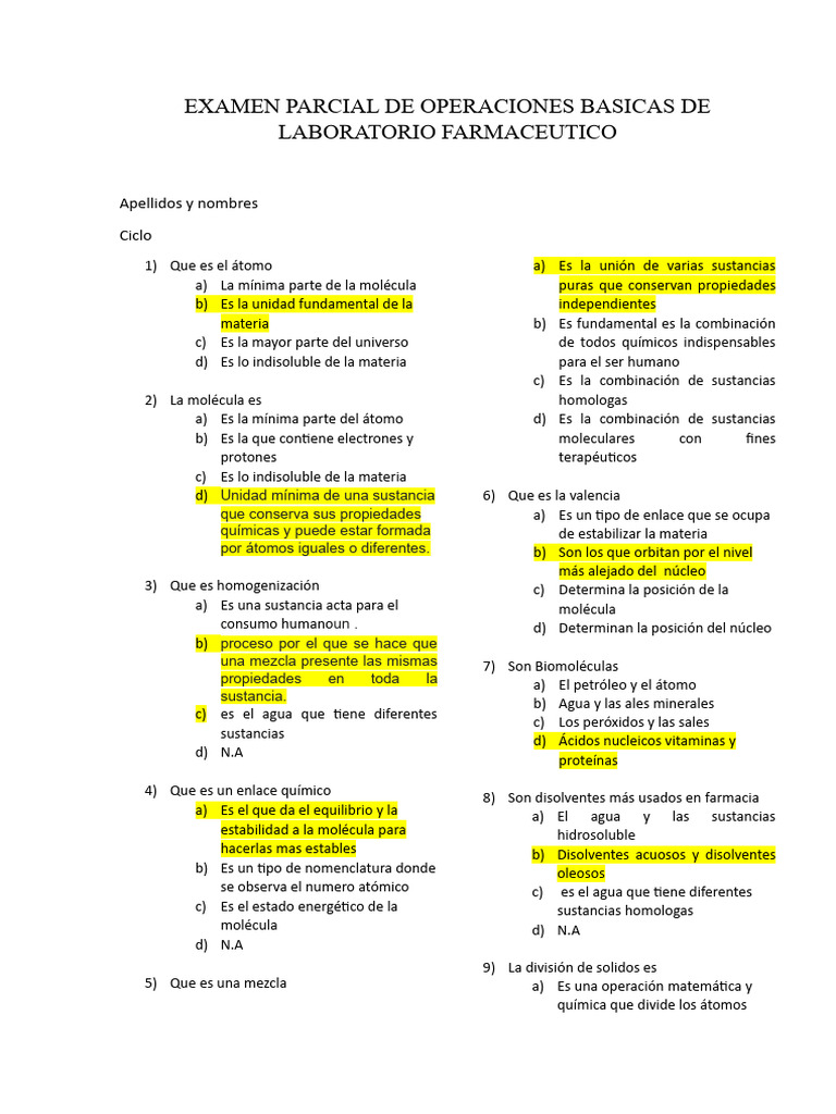 Examen Parcial De Operaciones Basicas De Laboratorio Farmaceutico Pdf