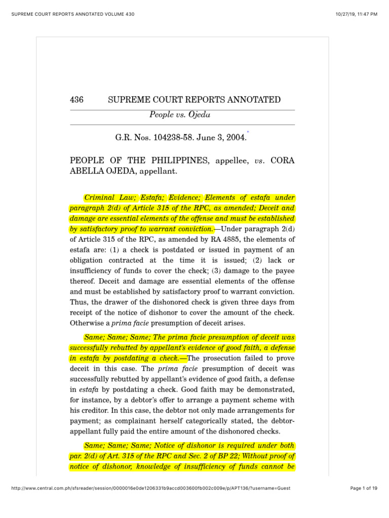 Supreme Court Ruling on Estafa Case | PDF | Burden Of Proof (Law ...