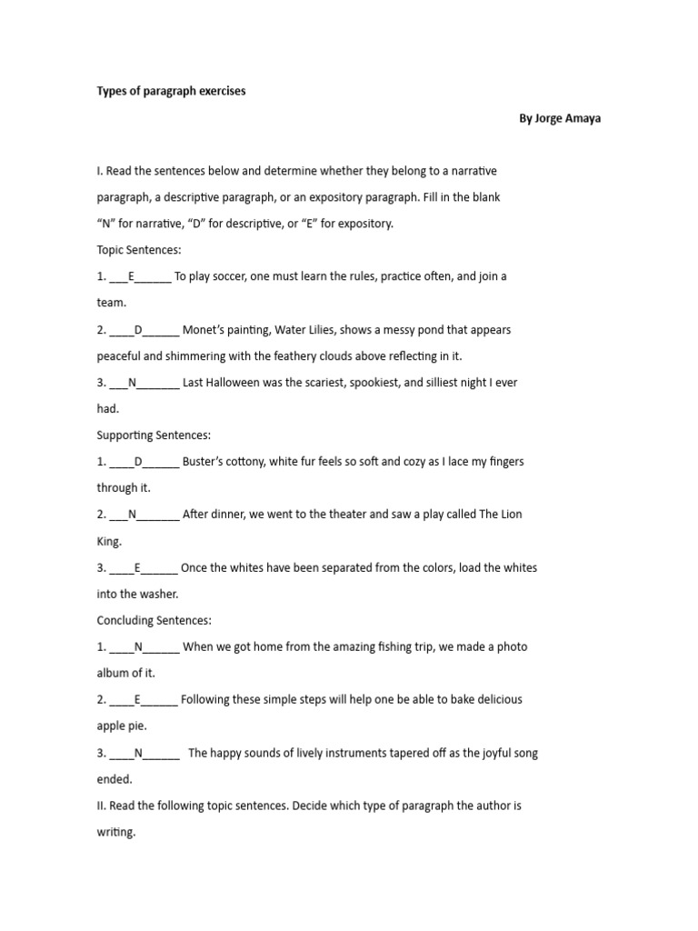 Types of Paragraph Exercises, Jorge Amaya | PDF | Language Arts ...