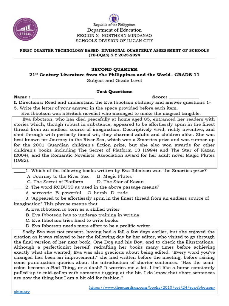 Grade 11 Literature Assessment: Eva Ibbotson | PDF