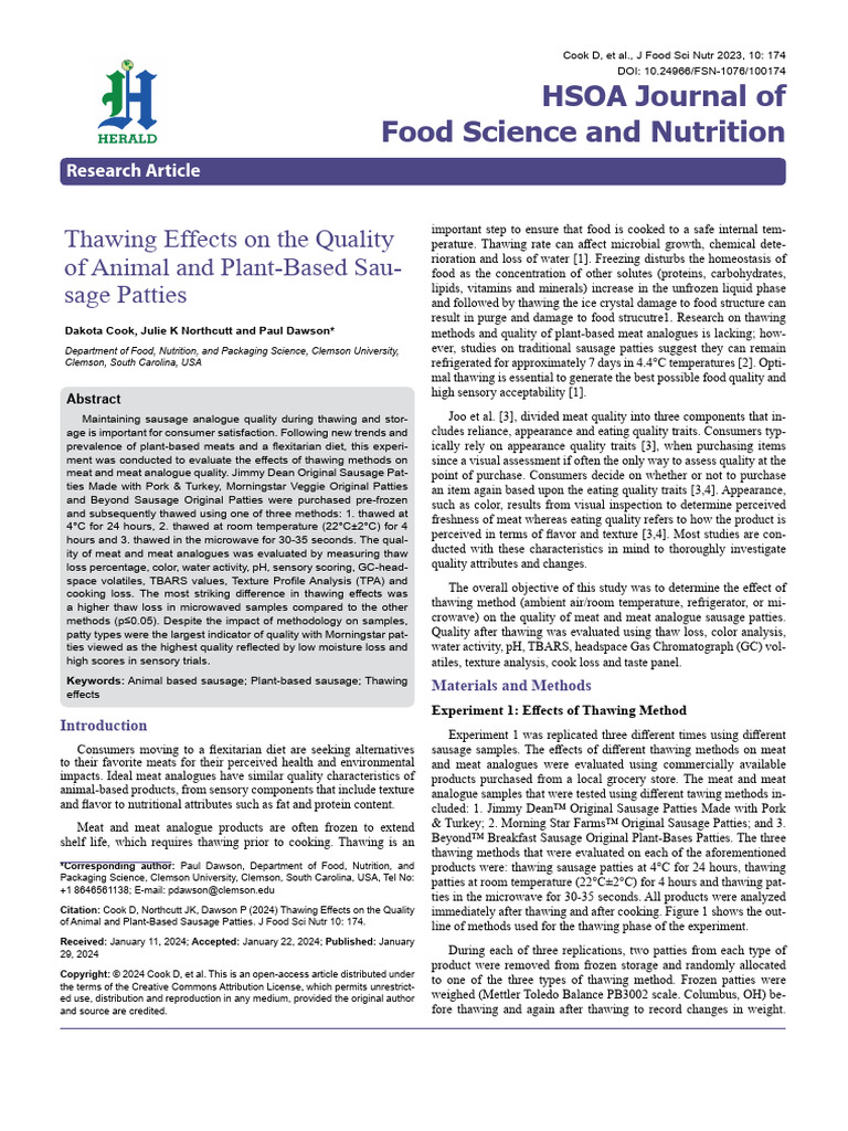 Thawing Effects on the Quality of Animal and Plant Based Sausage ...