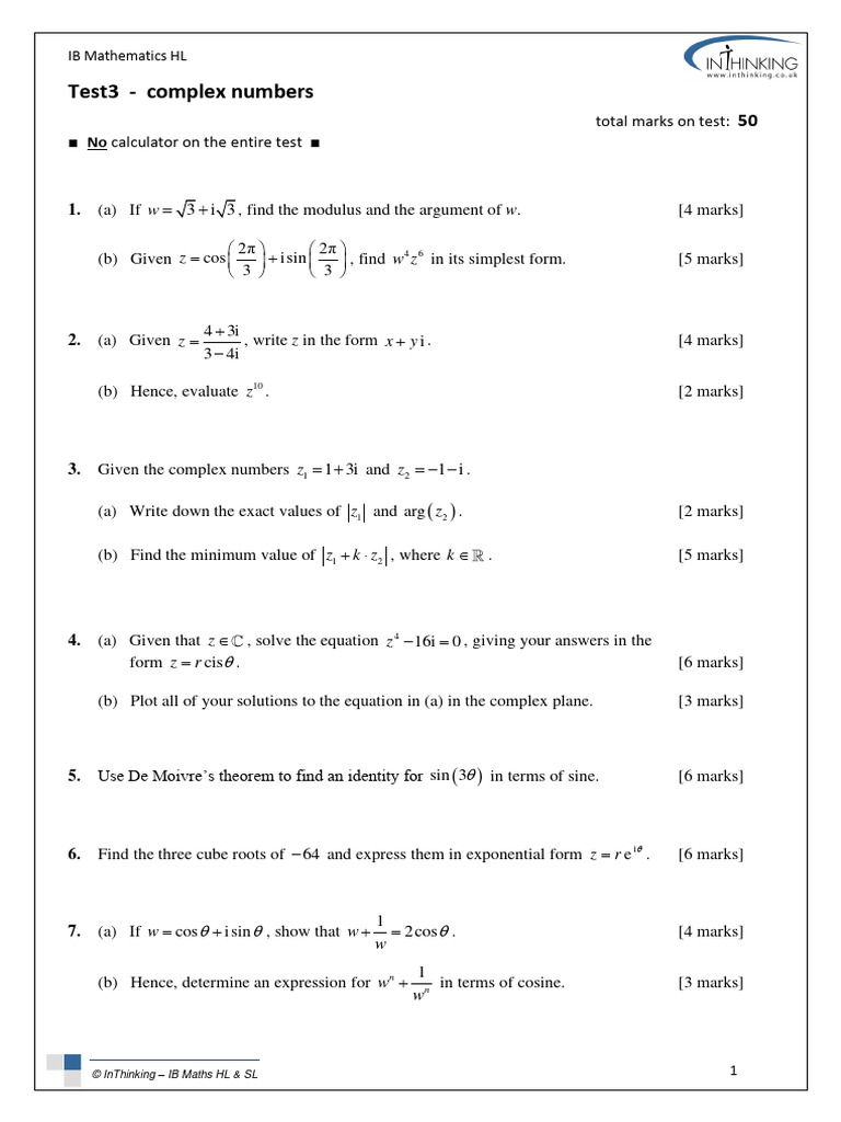 IB Math HL Test: Complex Numbers Exam | PDF | Teaching Methods & Materials