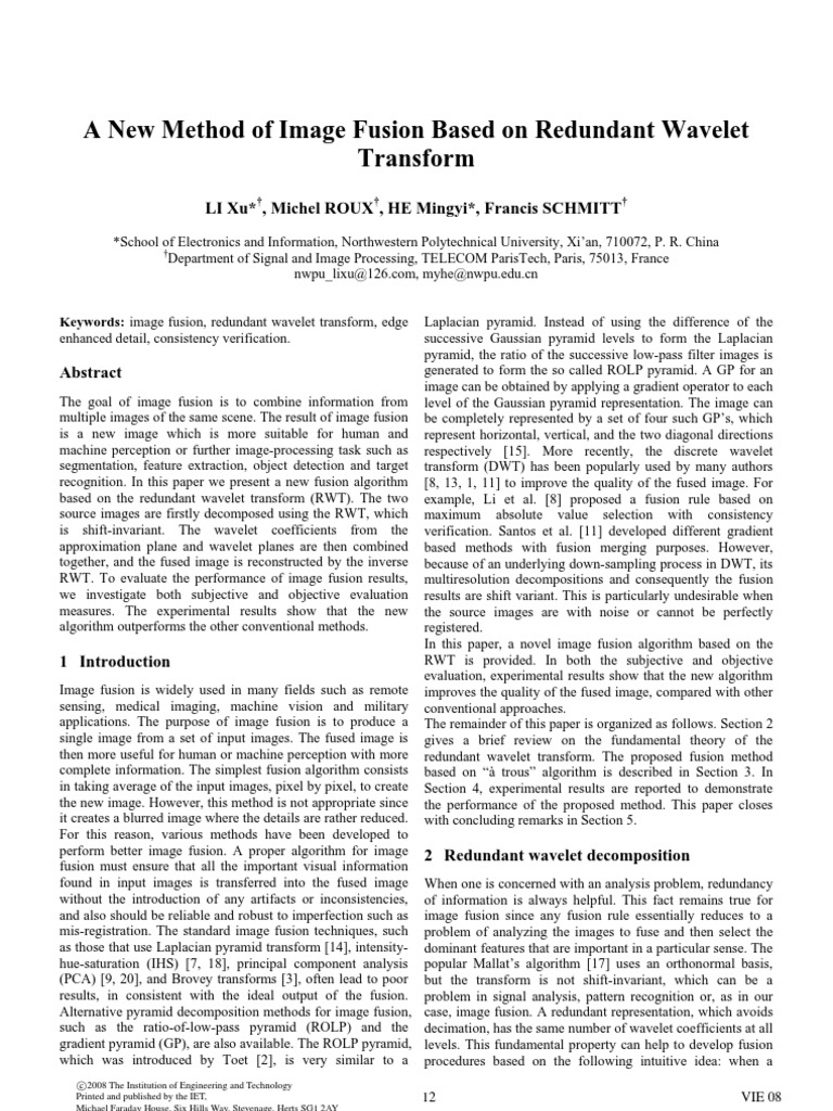 A New Method of Image Fusion Based On Redundant Wavelet | PDF | Wavelet ...