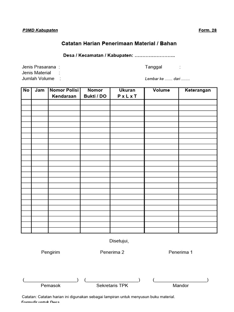 Catatan Harian Penerimaan Material Desa | PDF