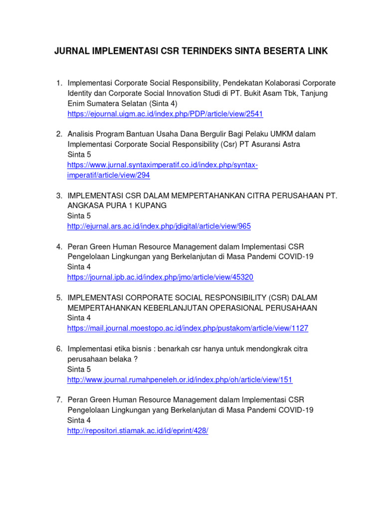 Jurnal Implementasi Csr Terindeks Sinta Beserta Link Pdf