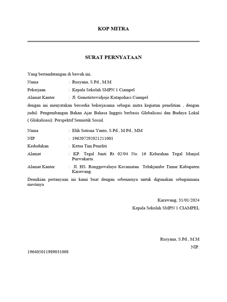 Surat Kesediaan Mitra Penelitian Pdf