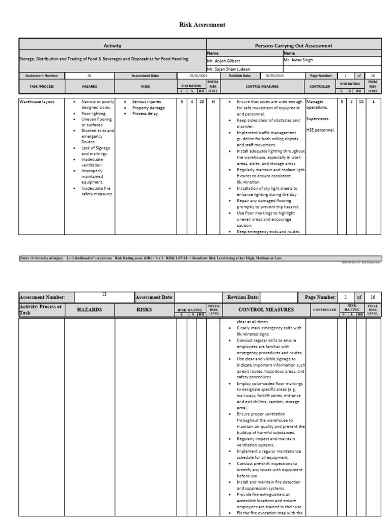 Risk Assessment PDF Forklift Risk