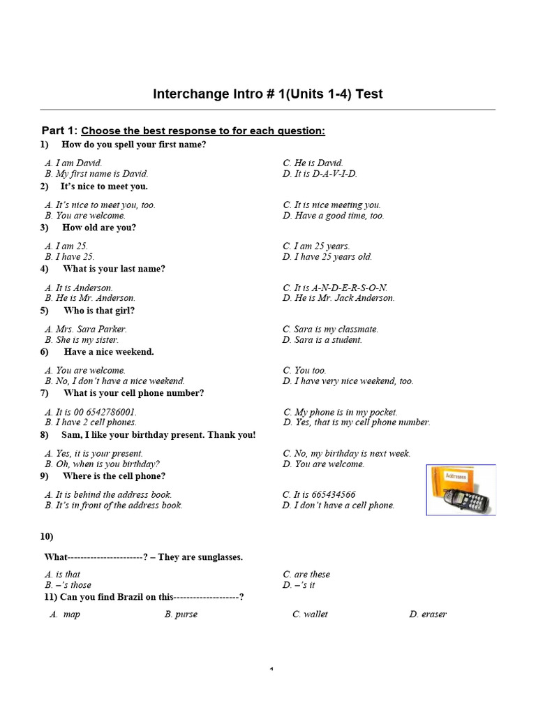 Interchange Intro Test: Units 1-4 | PDF | Home & Garden