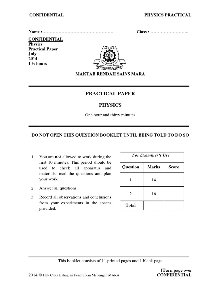 Question Paper MRSM P4 2014 | PDF | Physics | Physical Quantities
