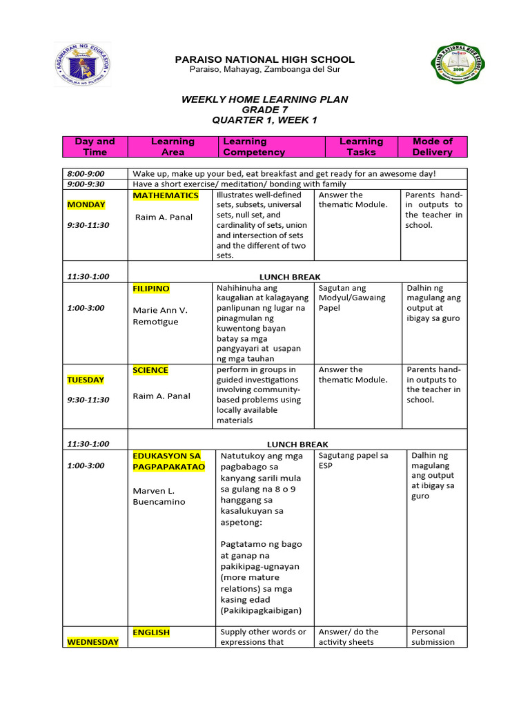 WEEKLY HOME LEARNING PLAN Meng1 | PDF