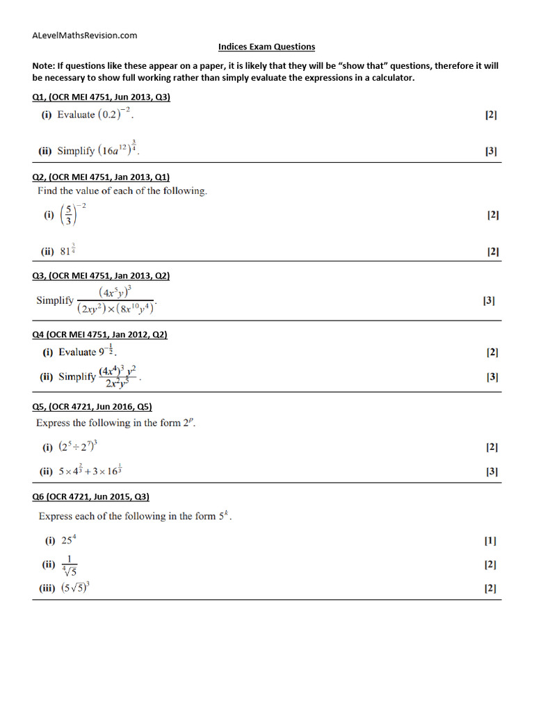 Indices Exam Questions PDF